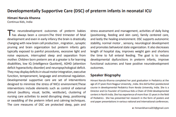 Developmentally Supportive Care (DSC) of preterm infants in neonatal ICU