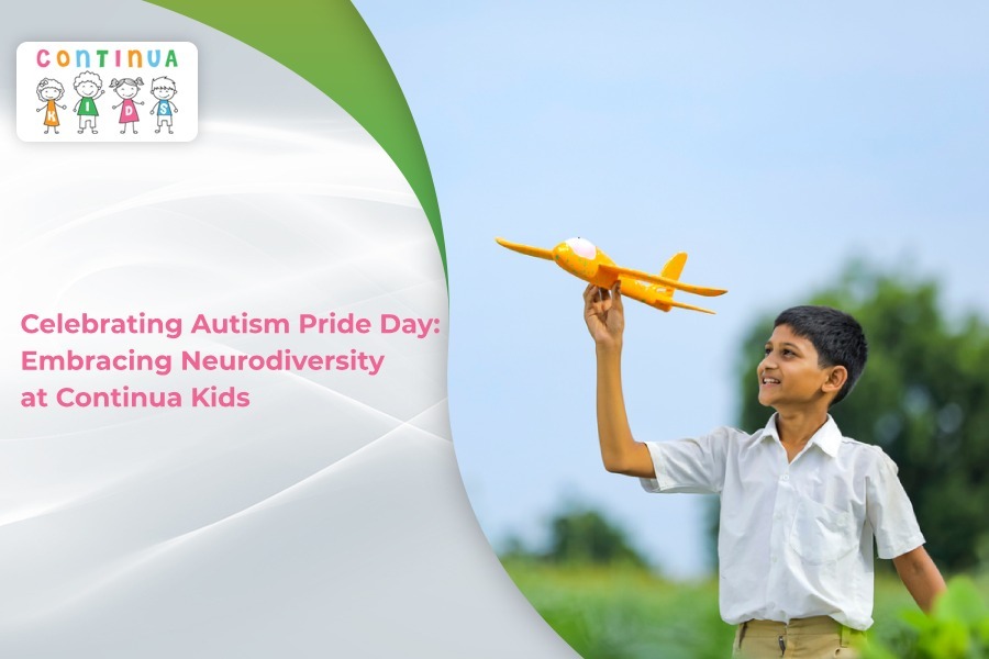title about autistic pride day and a happy boy holding the airplane and playing with it